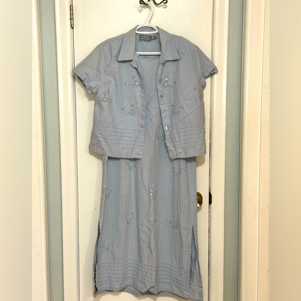 Light denim 2 piece dress and short sleeve jacket